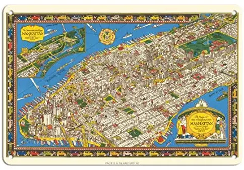 

Wondrous Isle of Manhattan, New York Pictorial Map by Charles Vernon Farrow c.1929 Metal Tin Sign