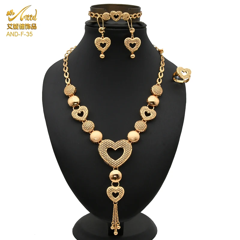 

Indian Jewelry Sets Women's Pendant Heart Bracelets And Necklace Ethiopia Wedding 24K Gold Color Bangles/Earrings Bridal Gifts