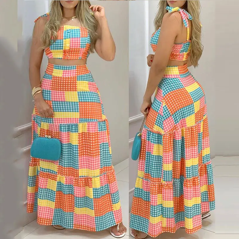

Summer Women Casual Two Piece Suits Holiday Beach Wear Sleeveless Plaid Colorblock Tied Detail Crop Top & Maxi Skirt Set