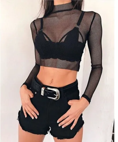 Женская Сетчатая футболка с высоким воротником и длинным рукавом Прозрачная