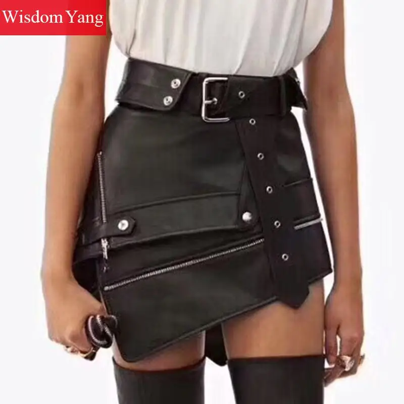 Осенняя юбка из натуральной овечьей кожи мотоциклетные Асимметричные мини-юбки