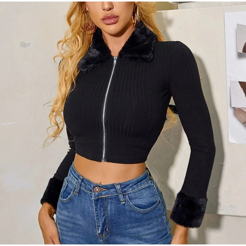

Женский трикотажный короткий свитер на молнии, однотонная Повседневная Блузка с длинными рукавами и меховым воротником в стиле ретро, зима