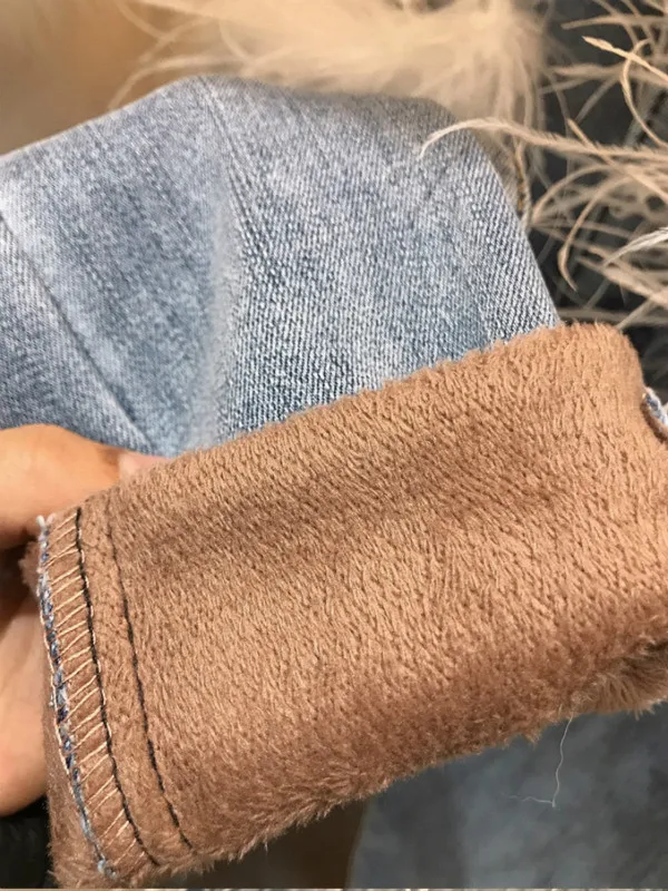 

Heavy Beaded Feather Patchwork Slim Pencil Pants Casual Plush Velvet Thicken High Waisted Jeans Pantalones De Mujer Cintura Alta