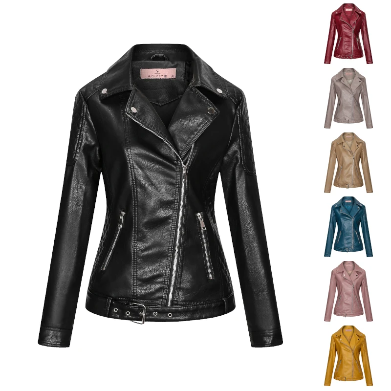 

New Women oversized PU leather blouses 2021 Spring Autumn Black Faux Leather Basic Coat Turn-down Collar Motor Biker Jacket