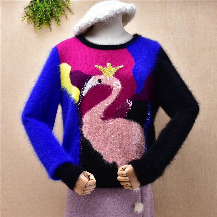 

ladies women vintage swan print colored hairy angora rabbit hair knitted long sleeve o-neck loose blouse pullover jumper sweater