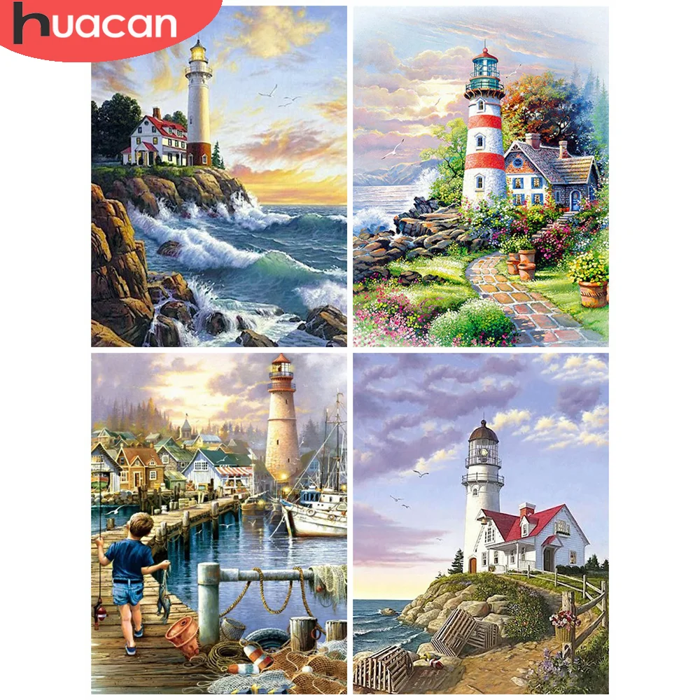 

Алмазная живопись HUACAN, пейзаж с маяком, домашний декор, алмазная вышивка, Морской берег, настенный стикер с пейзажем