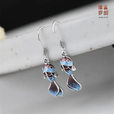 

Siam Ancient Rhyme S925 Silver Vintage Cloisonne Fish Earrings Women's Burnt Blue Fancy Carp Thai Silver Suit Silver Pendant Wom