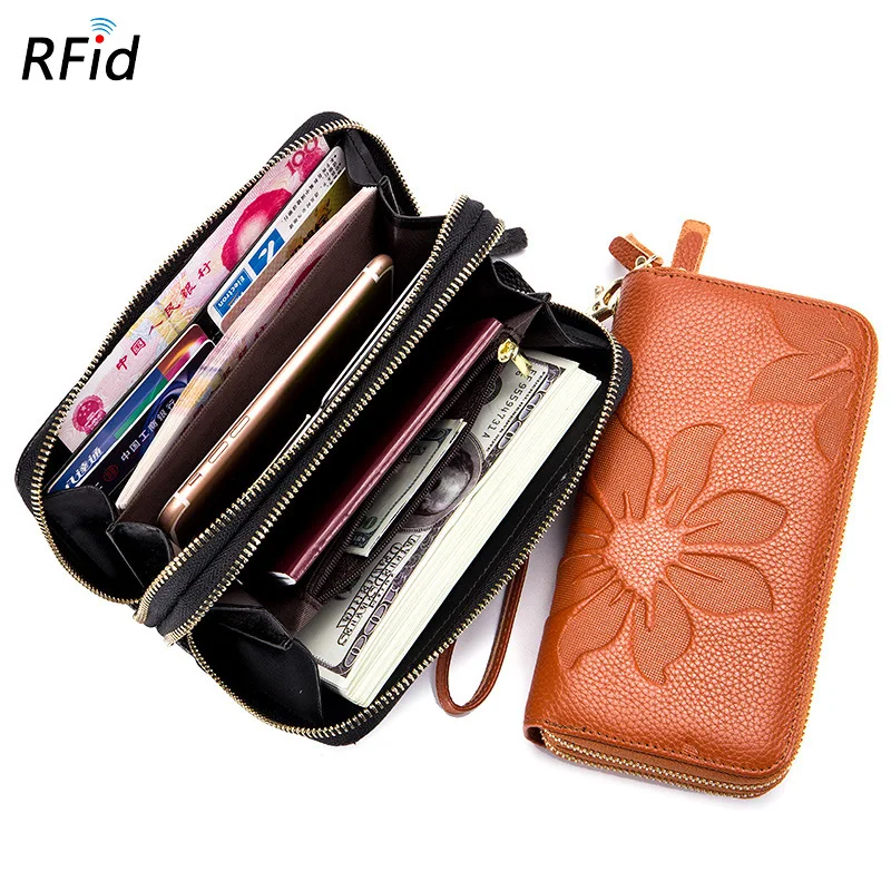 

Ladies double zipper wallet rfid leather large capacity long first layer leather new mobile phone wallet wallet clutch bag