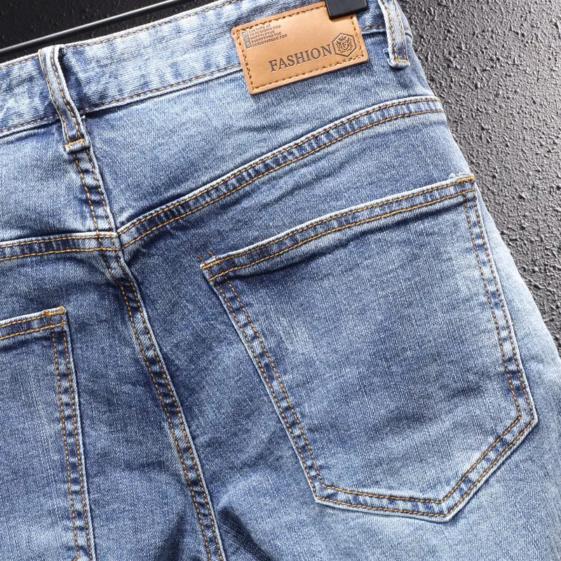 Street Style Fashion Men Jeans Retro Blue Elastic Slim Fit Ripped Jeans Men Patchwork Designer Vintage Casual Denim Pencil Pants