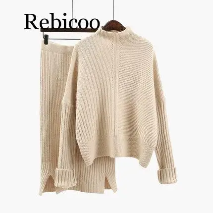 

Женский шерстяной вязаный костюм, мягкий, теплый, весенне-осенний костюм, женский пуловер, свитер и юбка, комплект из 2 предметов, бежевый, синий, хаки