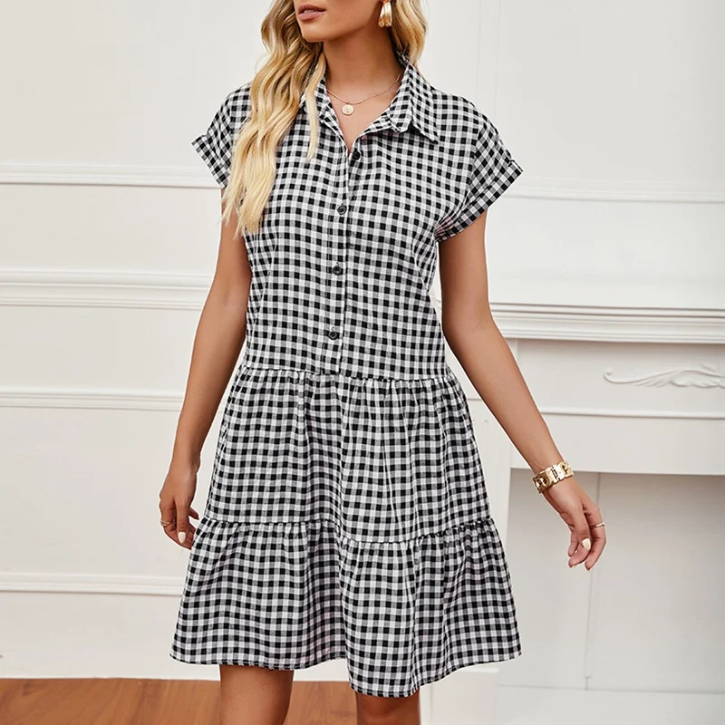 

Uclio Women's New Fashion Plaid Lapel Loose Dress