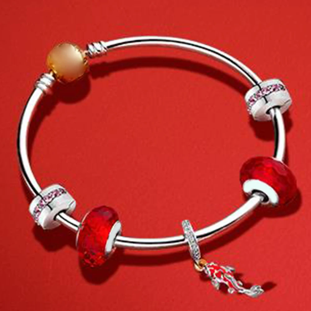 

2020 100% 925 Sterling Silver 797829CZ GOOD FORTUNE CARP HANGING CHARM Bangle Set Send Your Girlfriend A Happy New Year Gift