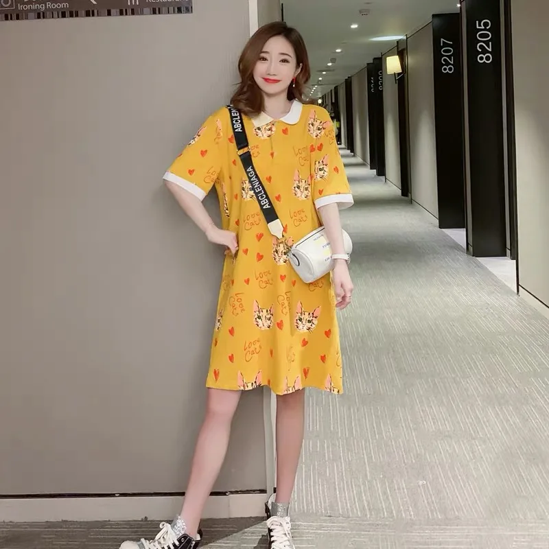 Платье женское с коротким рукавом милое летнее размера плюс свободного кроя
