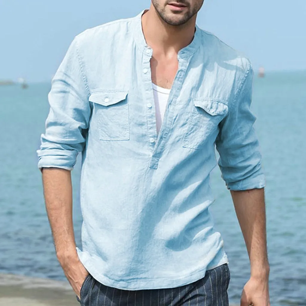 Мужская хлопковая рубашка летняя свободная Однотонная в стиле ретро с длинными