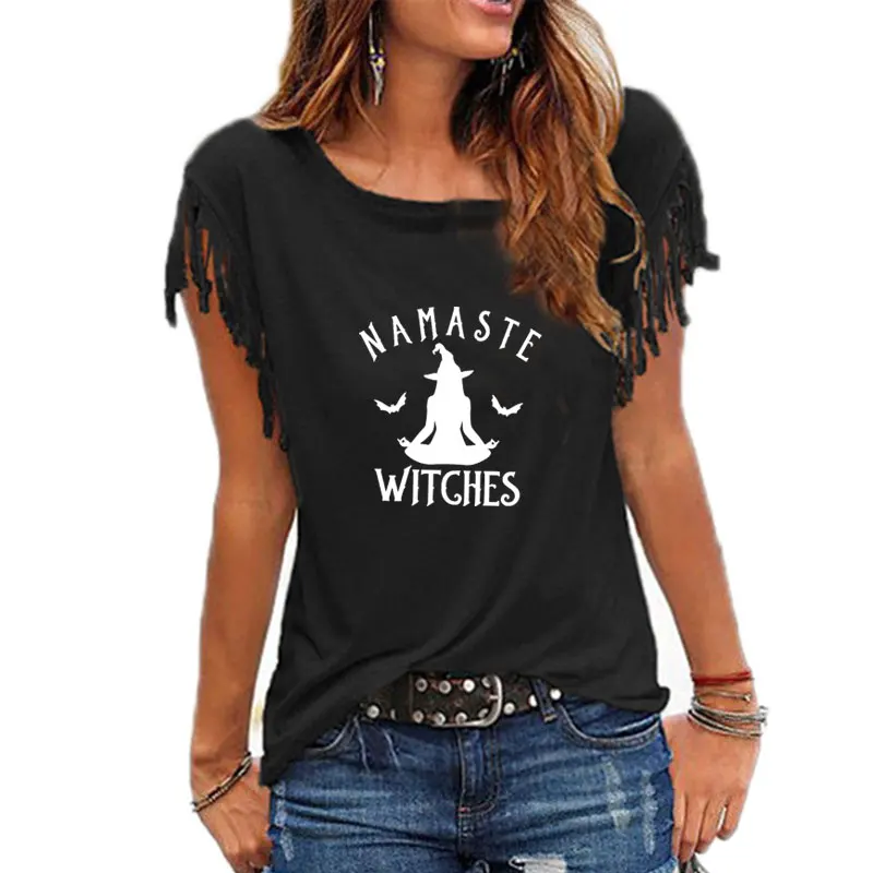

100% Pure Cotton T Shirt NAMASTE WITCHES Letter Print Women Short Sleeve O Neck Tassel Tshirt Summer Tee Shirt Tops Mujer