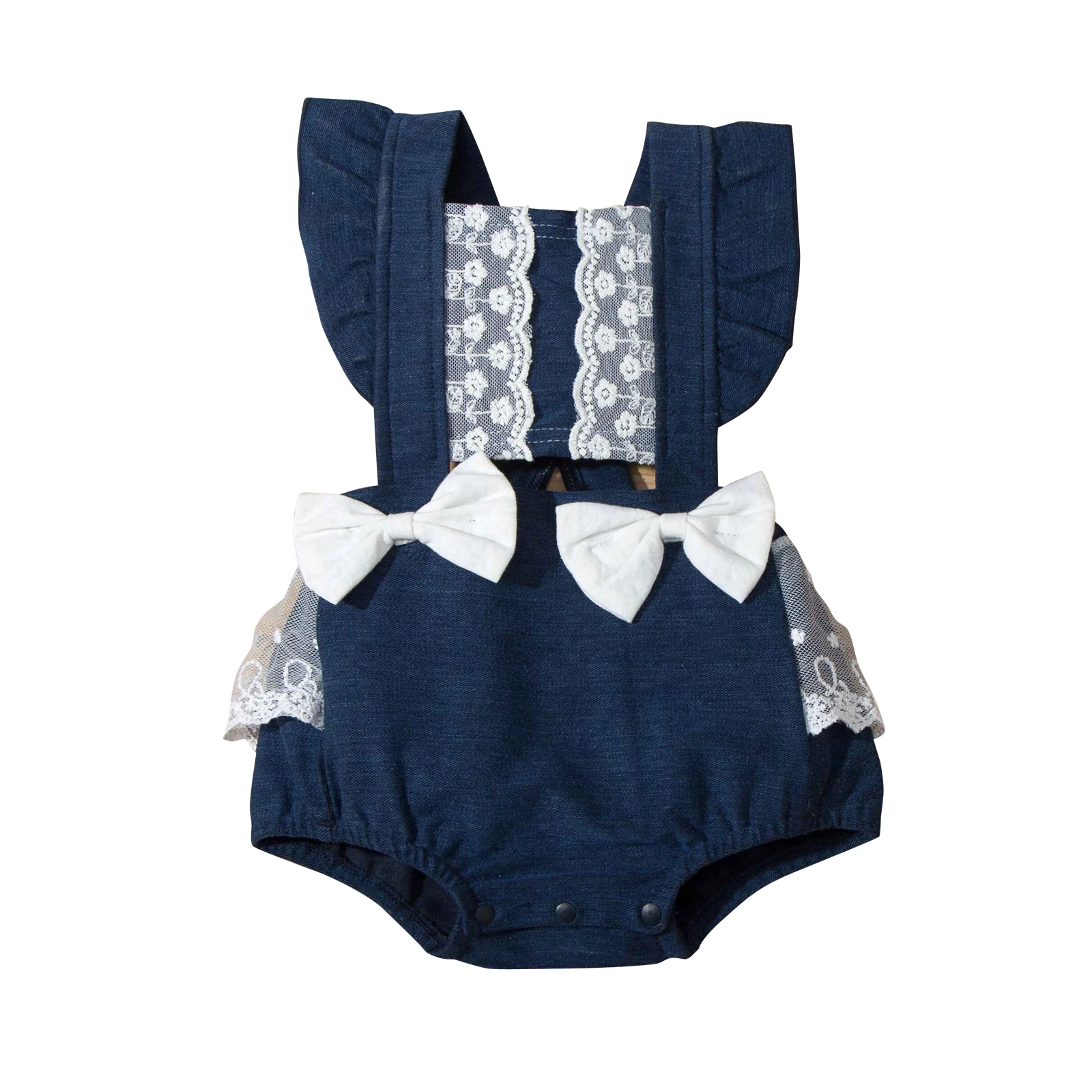 

Pudcoco New Summer Baby Lace Denim Short Romper With Ruffles Sleeveless Square Collar Jumpsuit Bow-Knot Casual Wear 3-18 Months