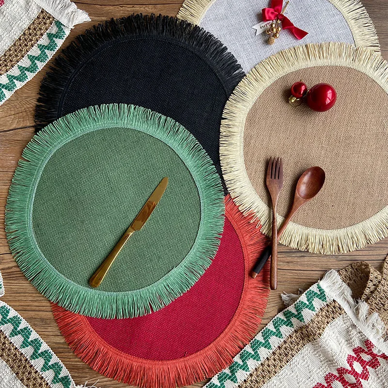 

Christmas Jute Woven Round Tassel Placemat Table Mat Pad Heat Resistant Bowls Coffee Cups Coaster Tableware Mat Home Decoration