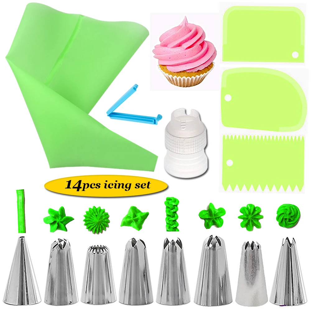

14pcs/set Stainless Steel Nozzle Set Silicone Icing Piping Cream Pastry Squeeze Bag Converter Pocket Clip Scraper Diy Cake Tools
