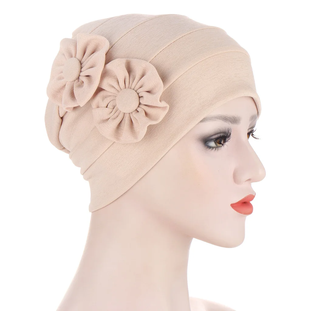 

Helisopus New Side Flower Design Hair Scarf Winter Fashion Headscarf Hat Solid Color Stretch Turban Hat Hair Loss Cap Headwear