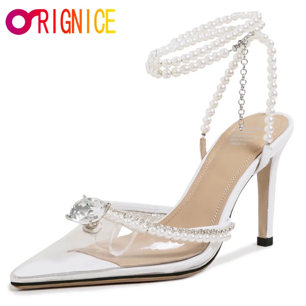 

Orignice Luxury Summer Inlaid Pearl Rhinestone Slingback Sandals Ladies Stilettos High Heel Wedding Pointed Bridal Party Shoes