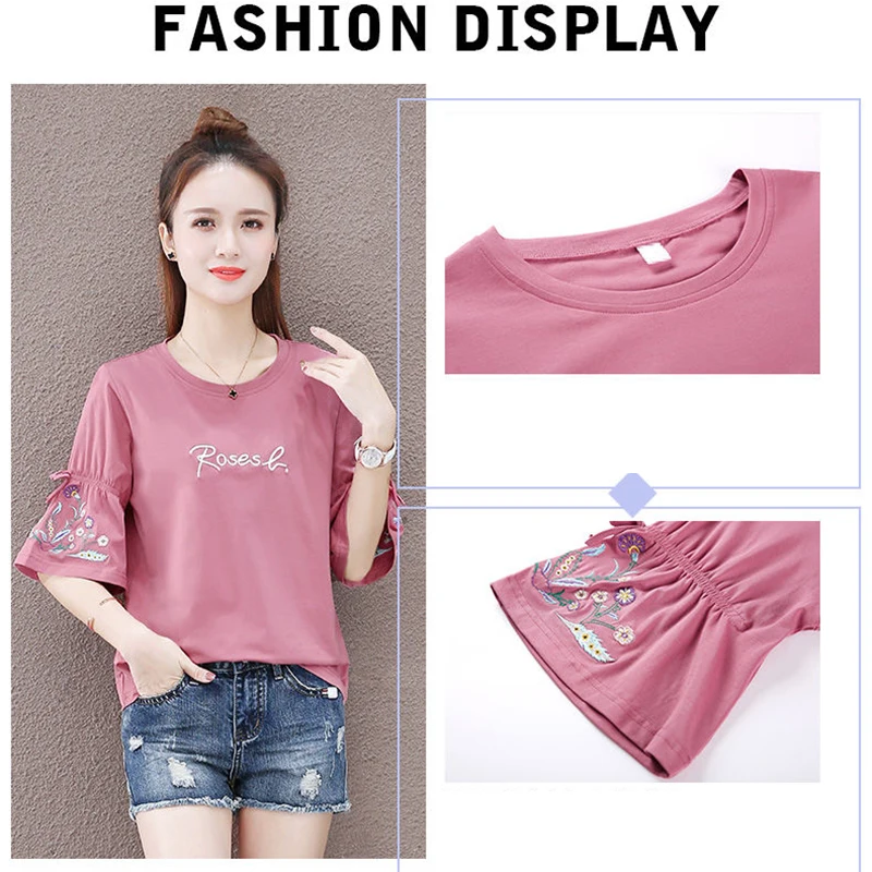 

Korean Style Print Flare Sleeve T-Shirt Women Summer Casual Loose Half-Sleeve Round-Neck Tops Large Size Fashion Pullover Tees