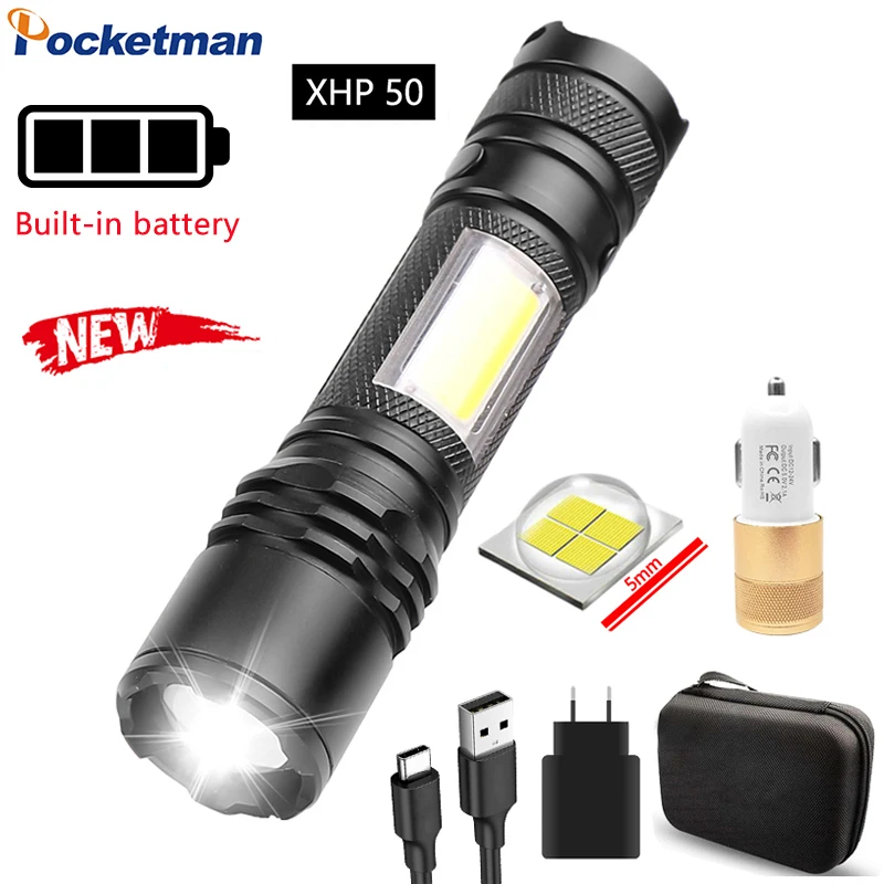 

POCKETMAN XHP50 фонарик со встроенным аккумулятором COB светодиодный фонарик водонепроницаемый фонарь с зажимом для ручки масштабируемый USB фонари...