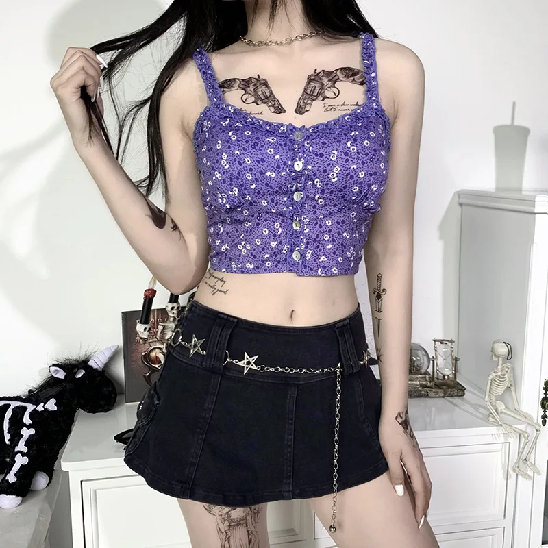 Женский темно синий жилет GOTH GIRL фиолетовый без бретелек с цветочным принтом
