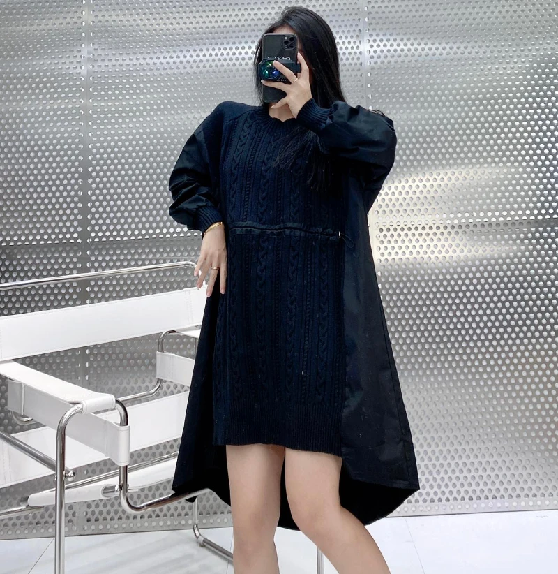 

118478 118479 Autumn Winter Trendy Brand Luxury Designer Clothes Woman Clothes Dress Fashion Classic Wool Stitched Dress M6