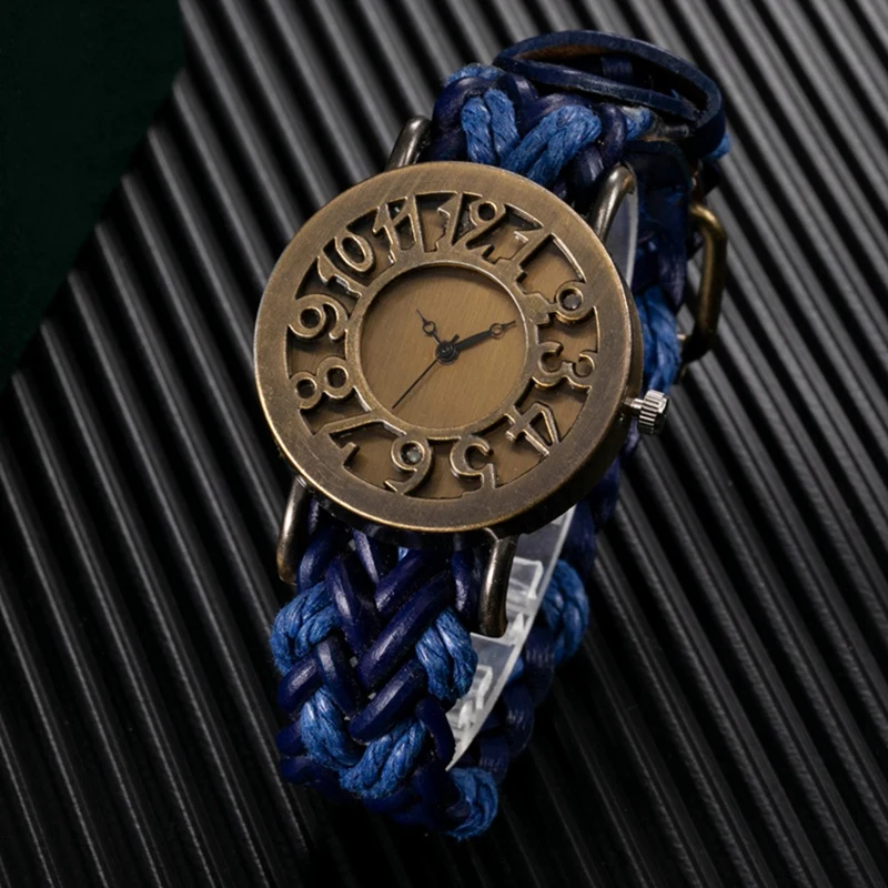 

Vintage Hollow Dial Women's Watch Woven Leather Punk Style Ladies Quartz Watch Watch