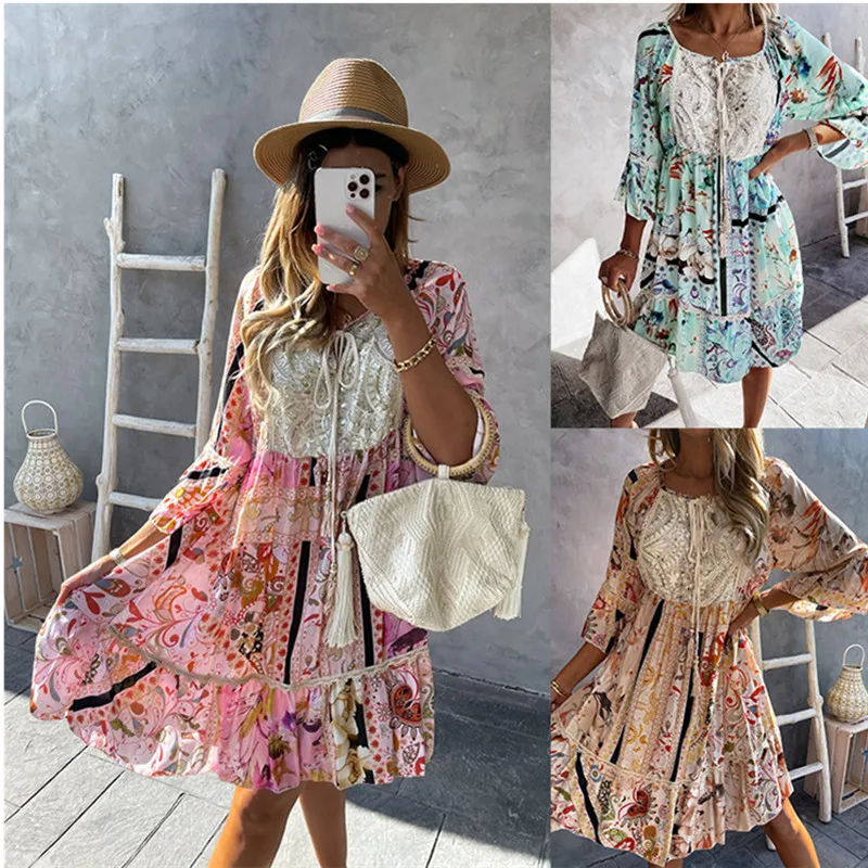 

Women Summer Dress Boho Style Square Collar Ruffles Flare Sleeve Loose Polyester Bohemian Sexy Dress Plus Size Party Night