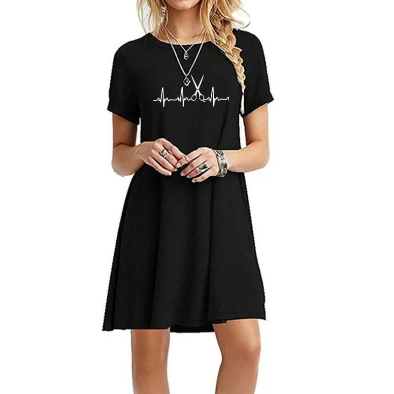 

New Heartbeat Hairdresser Barber Casual Boho Beach Dresses Womens O-Neck Party Summer Dress Short Sleeve Loose Mini Dress