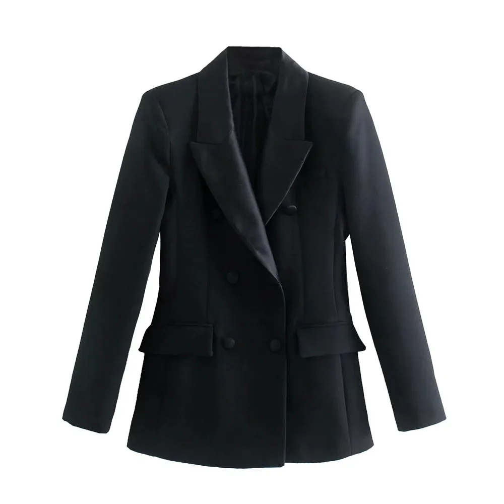 

Женский двубортный пиджак на пуговицах, повседневный черный жакет с длинным рукавом и лацканами, осень 2021