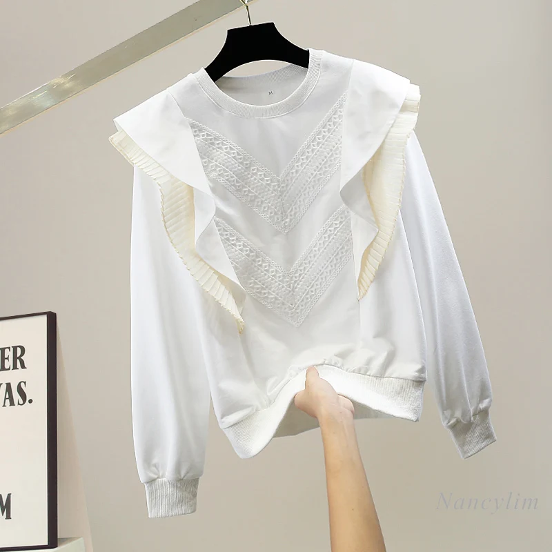 

Pullovers for Women Pleated Contrast-Color Ruffled Lace Stitching Long-Sleeved Sweatshirt Loose Hoodies Femme Top Mujer
