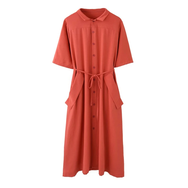 

PERHAPS U Women Turn Down Collar Caral Pink Black Blue Khaki Solid Mid-calf Midi Dress Button Shirt Dress Short Sleeve D1600