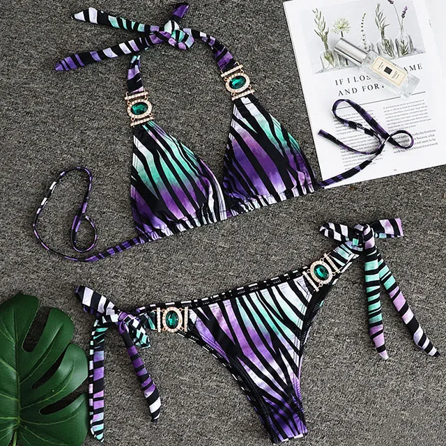 B008purple Bikini2019 Стразы, купальник для женщин, комплект бикини с металлической цепочкой, купальник для женщин, роскошный аристократический купальник - Цвет: B008purple