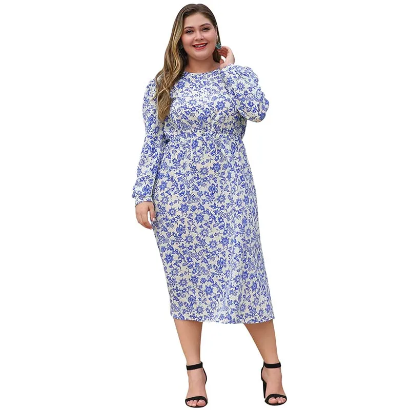 WHZHM осеннее синее цветочное раннее 3XL 4XL платье Вечерние женское свободное