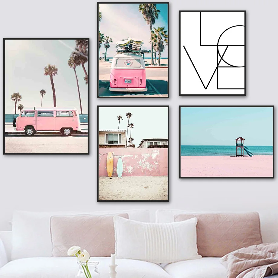 

Beach Sea Coconut Tree Palm Car Surfboard Wall Art Canvas Painting Nordic Posters And Prints Wall Pictures For Living Room Decor