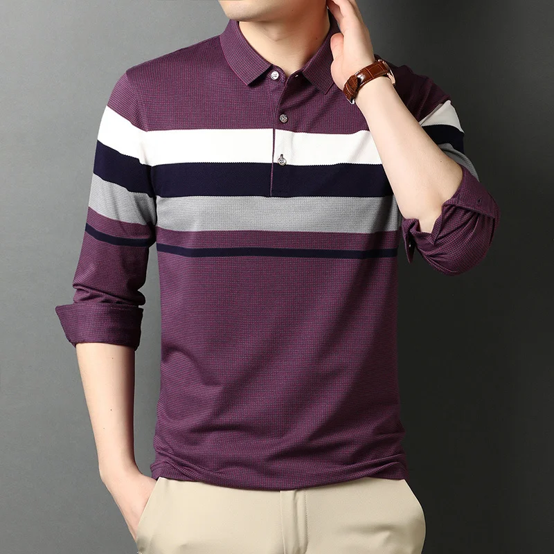 

Men Clothes Top Quality New Fashion Brand Striped Casual Designer Long Sleeves Man Stretch Polo Shirt Korean Tops Masculino