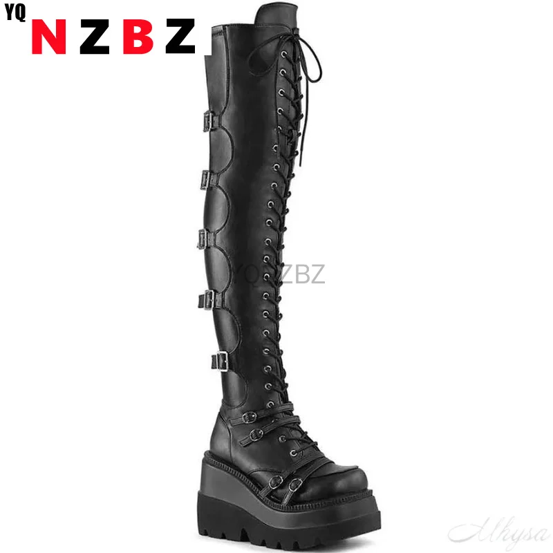 

Design Female High Platform Thigh High Boots Fashion Buckle Punk High Heels Boots Women Cosplay Wedges Boots Woman Botas Mujer