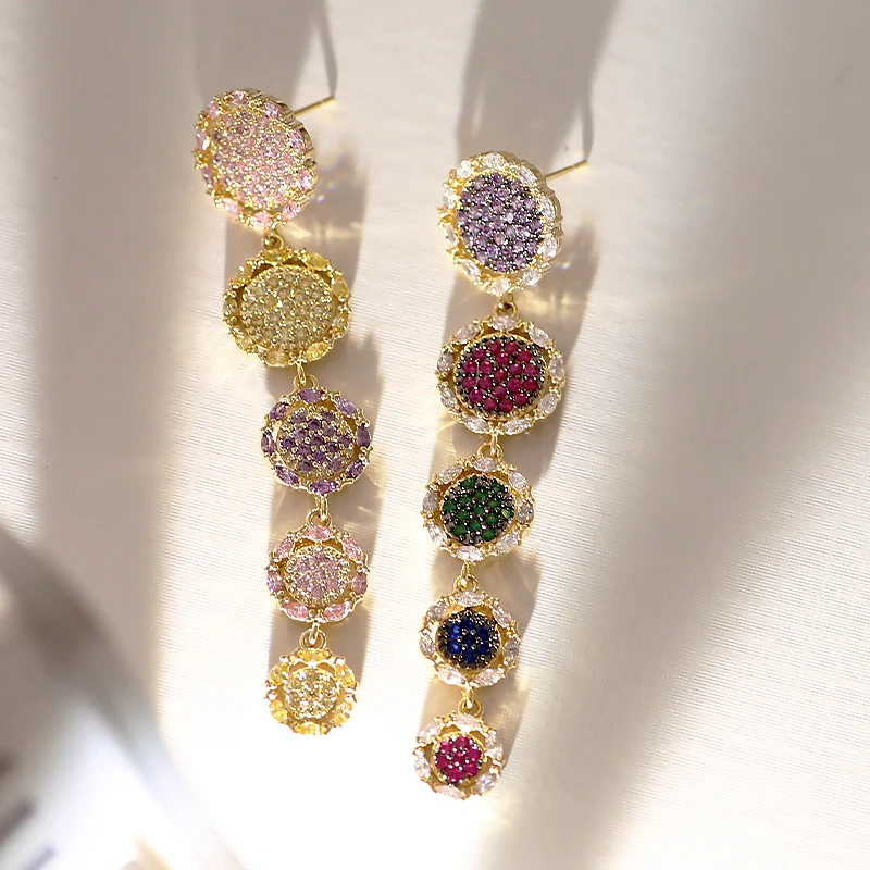 

Sweet Tassel Earrings Round Piece Pendant Paved Colorful Zirconia for Women Wedding Luxury Jewelri