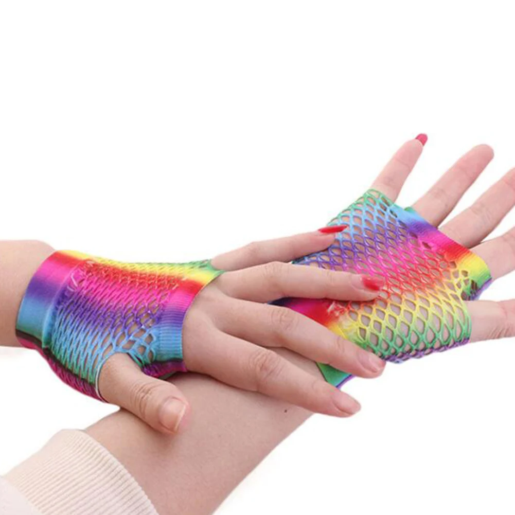 Rainbow Color Lady Disco Dance Costume Lace Fingerless Mesh Fishnet Gloves Punk Women Colorful Half Finger Golves | Аксессуары для
