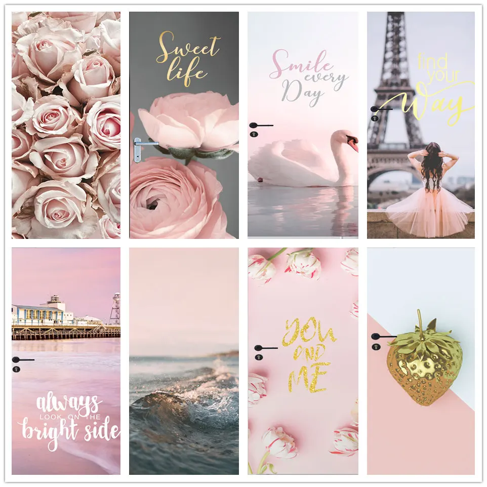 

Pink Beautiful Flower Wallpaper On The Door Self Adhesive Wall Decal For Girl's Room Bedroom Doors Decoration Sticker Home Decor