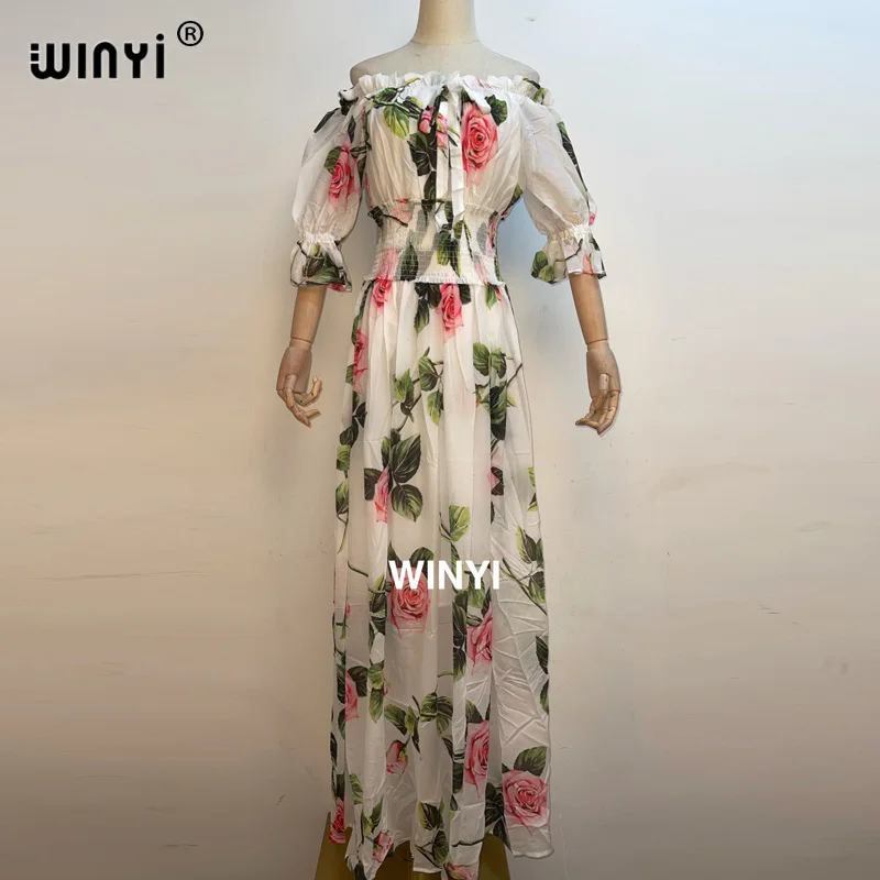 

Летняя мода взлетно-посадочной полосы Boho Макси платья для женщин с длинным рукавом розовое с цветочным принтом праздничные Элегантные Вече...