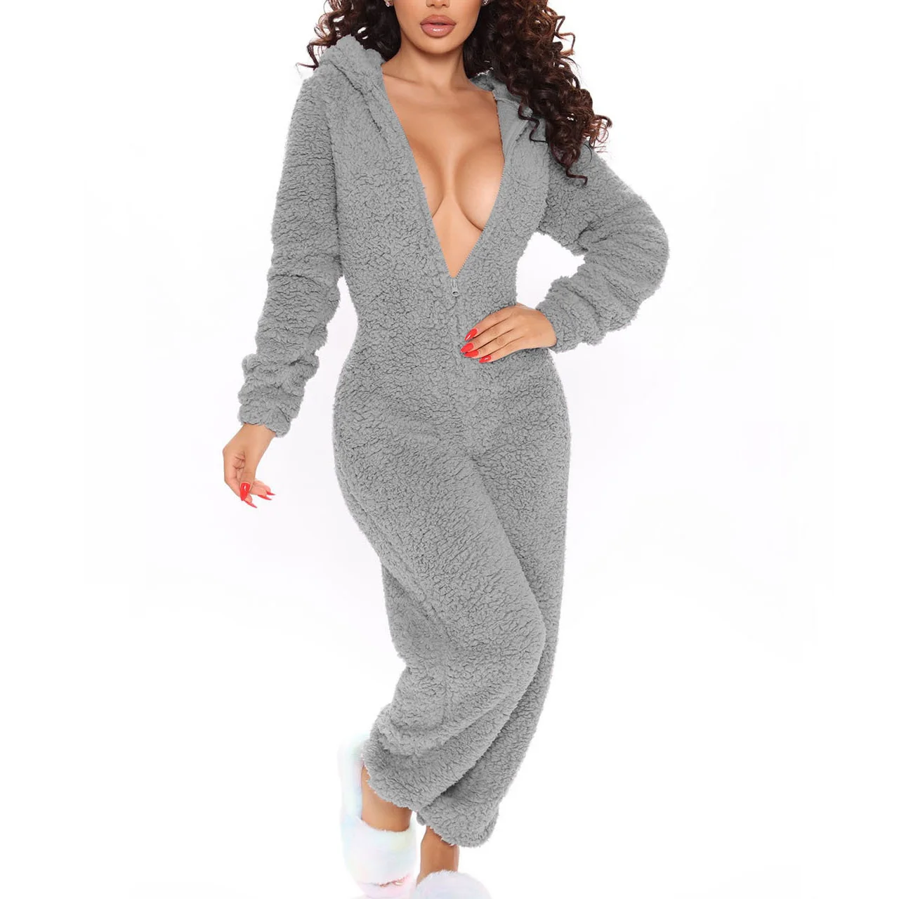 Autumn And Winter One-Piece Pajamas Solid Color Plush Hooded Long-Sleeved Warm Home Jumpsuit With Ears Plus Size For Woman