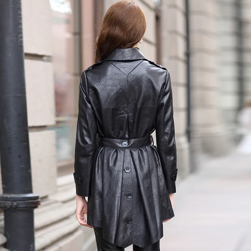Slim Black Fashion Mid-Length Women 100% Real Sheepskin Leather Coat Simple Locomotive Style Sashes Pockets High Quality Jackets