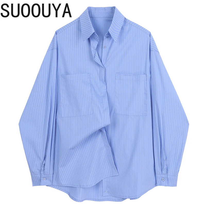 

[SUOOUYA] Women Lapel Long Sleeve Blue Striped Irregular Pockets Big Size Blouse Loose Shirt Fashion Spring Autumn Tops 2021