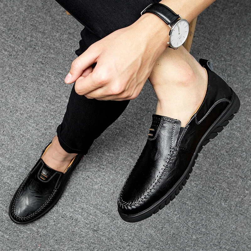 Genuine Leather Mens Loafers slip om n Luxury Brand Fashion Handmade Moccasins Men Casual Shoes outdoor Black Men's Boat | Обувь