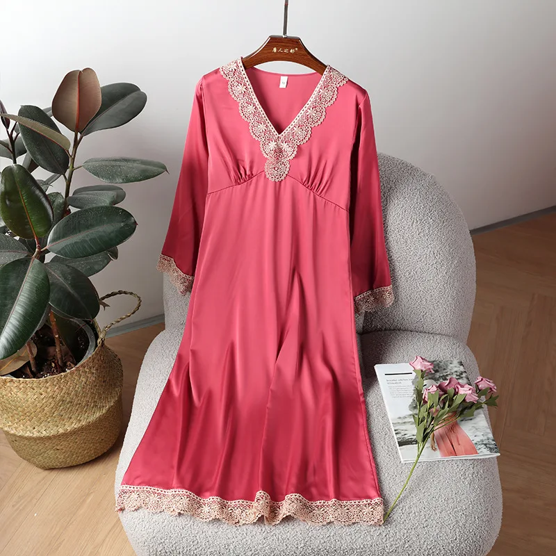 

Lace Nightgown Female Satin Sleepdress Summer V-neck Nightwear Sleepwear Loose Thin Nightdress Casual Lady Home Dressing Gown
