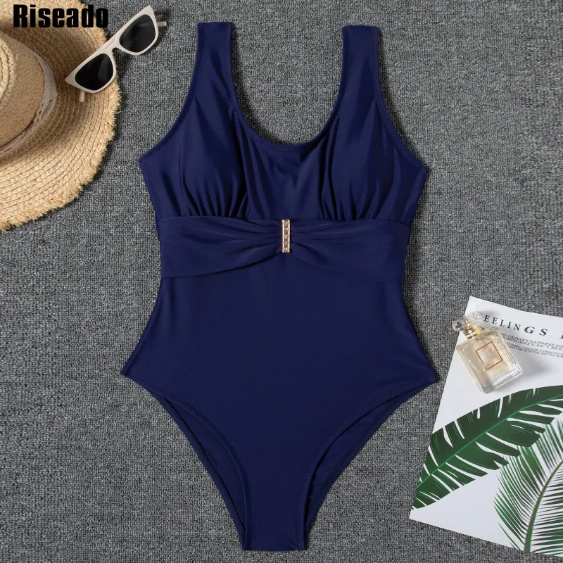 

Riseado Solid Swimsuit One Piece Ruched Women's Swimwear 2021 Sexy Bodysuit Women Cross Bandage Women's Bathing Suits Summer