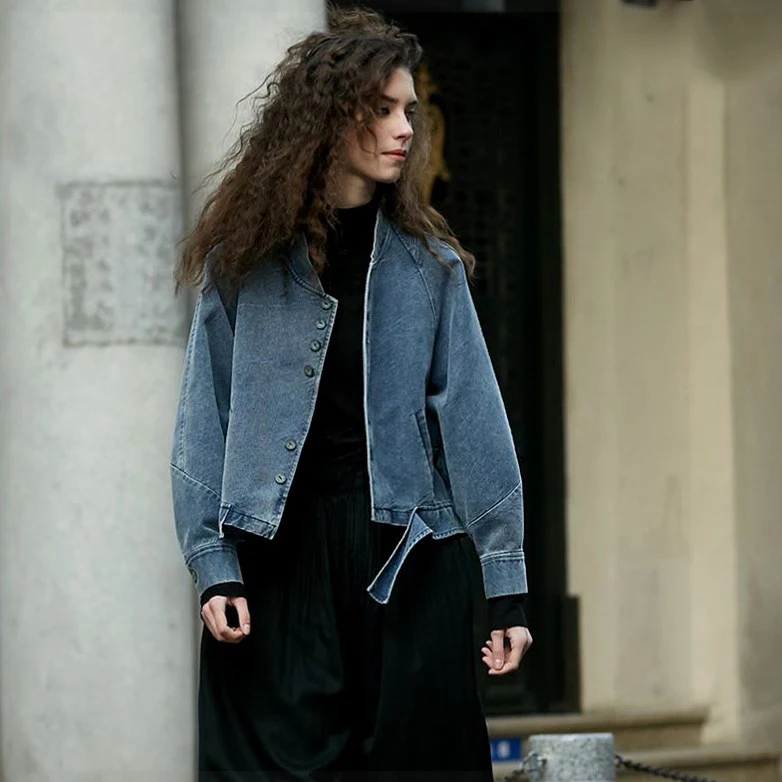 Женская однобортная джинсовая куртка Повседневная облегающая однотонная